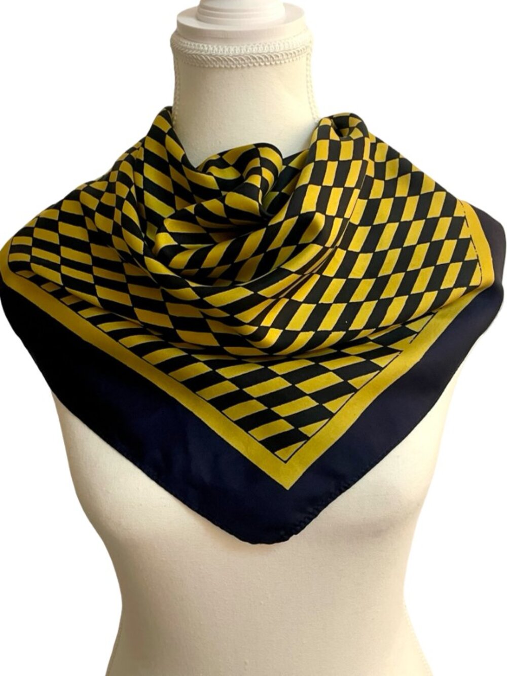 Vintage 100% Silk Geometric Checker Scarf | Navy Yellow Graphic Square Scarf